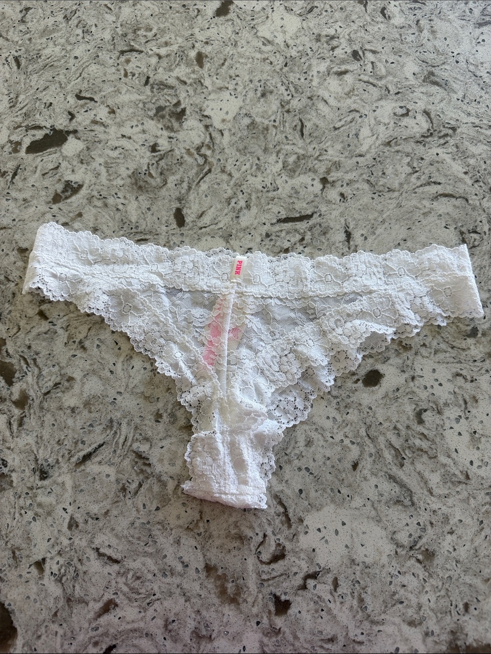 NWT PINK White Lace Thong Panty